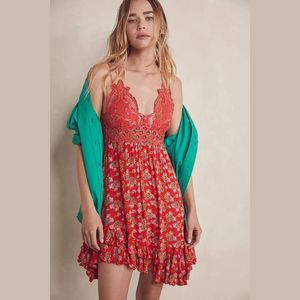 New Free People Adella Printed Mini Slip Dress - XS - Red Meadow